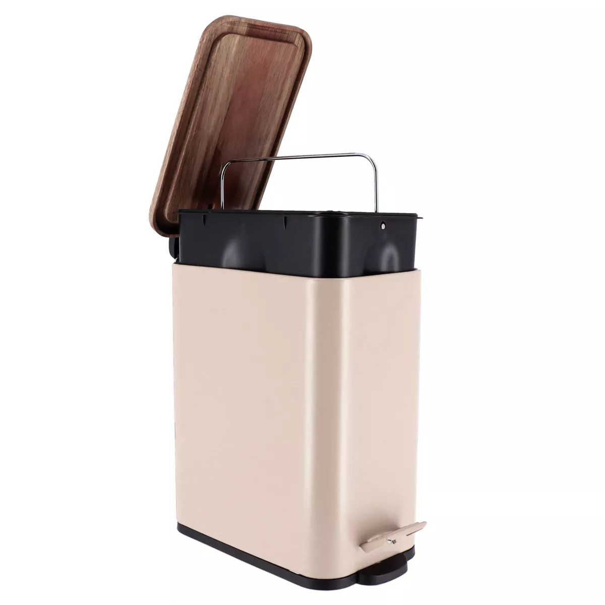 Pattumiera bagno in metallo e acacia Season colore Tortora