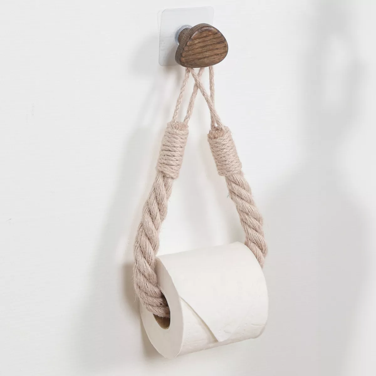 DEROULEUR  PAPIER WC OU PORTE SERVIETTES CORDE + BOIS SUR  STICKER - BEIGE