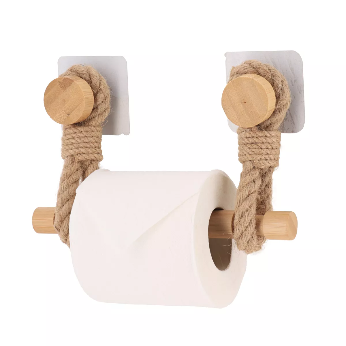 DEROULEUR PAPIER WC BAMBOU + LANIERES EN CORDE SUR STICKER - NATUREL