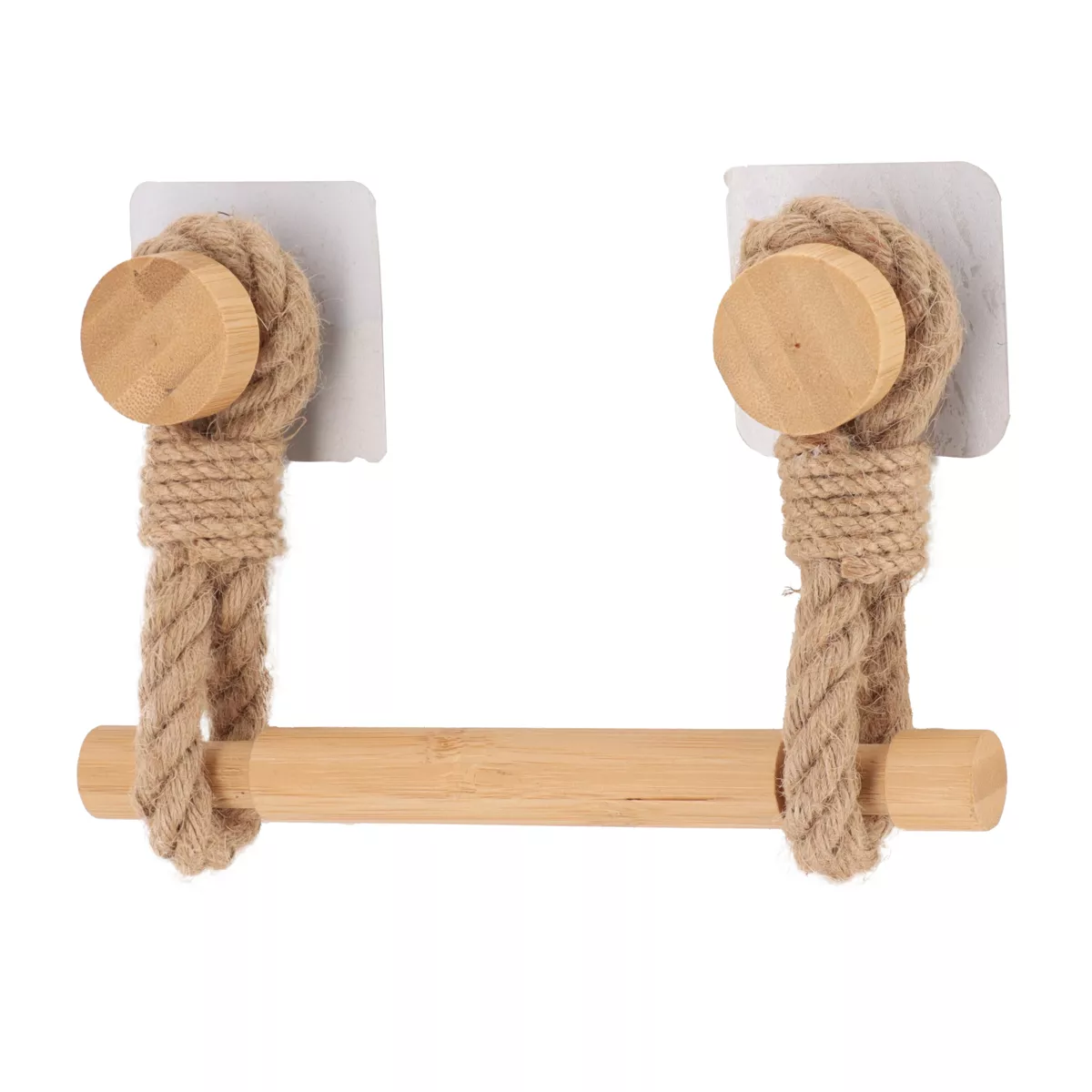 DEROULEUR PAPIER WC BAMBOU + LANIERES EN CORDE SUR STICKER - NATUREL