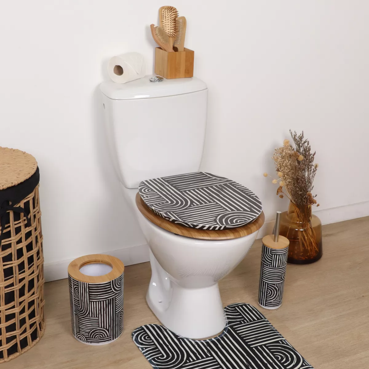 ABATTANT WC MDF 18 POUCES COUVERCLE DESIGN IMPRIMEE ET ASSISE FACON BAMBOU ATTACHES ACIER INOXYDABLE - ETHNIC VIBES