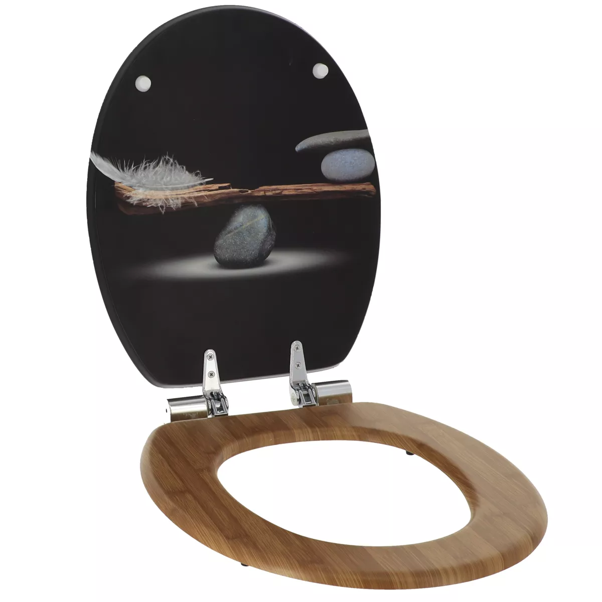 ABATTANT WC MDF 18 POUCES COUVERCLE DESIGN IMPRIME ASSISE IMITATION BAMBOU FREIN DE CHUTE CHROME - PLENITUDE