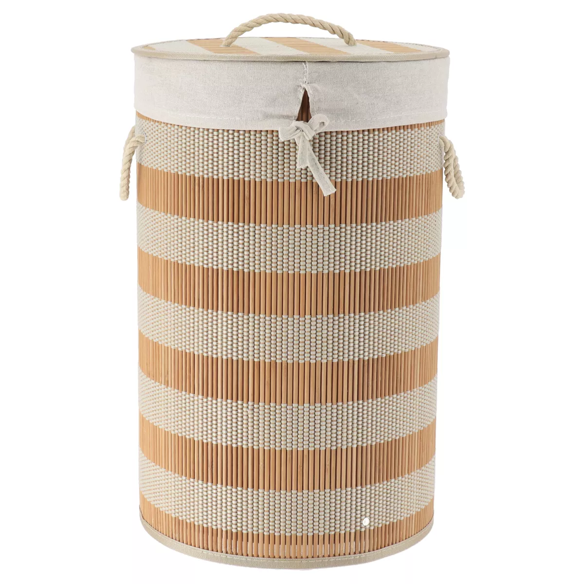 Cesto de ropa redondo y plegable (H55 cm) Bambú Natural y beige