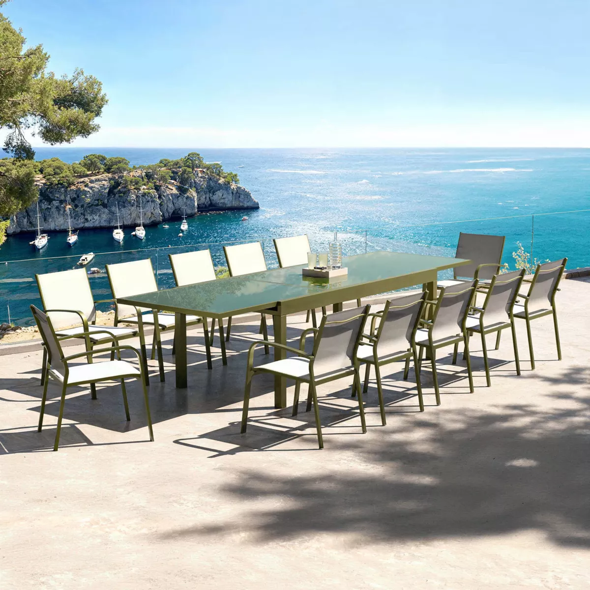 Table de jardin extensible en verre 12 places (200/320 x 100 cm) Murano Vert