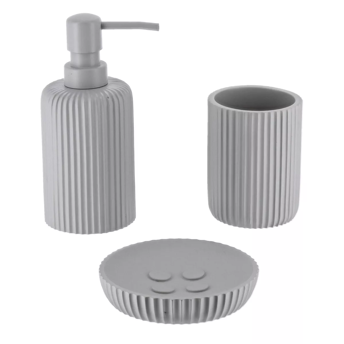 SET GOBELET DISTRIBUTEUR A SAVON ET PORTE SAVON POLYRESINE STRIEE - GRIS CLAIR