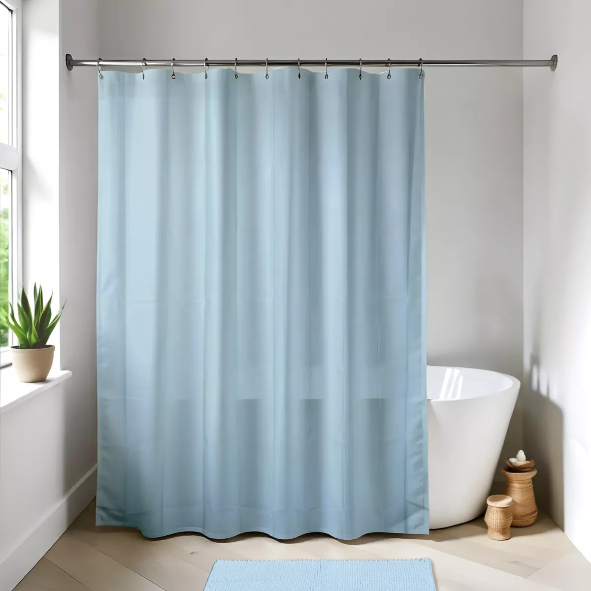 Rideau de douche à anneaux (180 x 200 cm) Uni Bleu clair