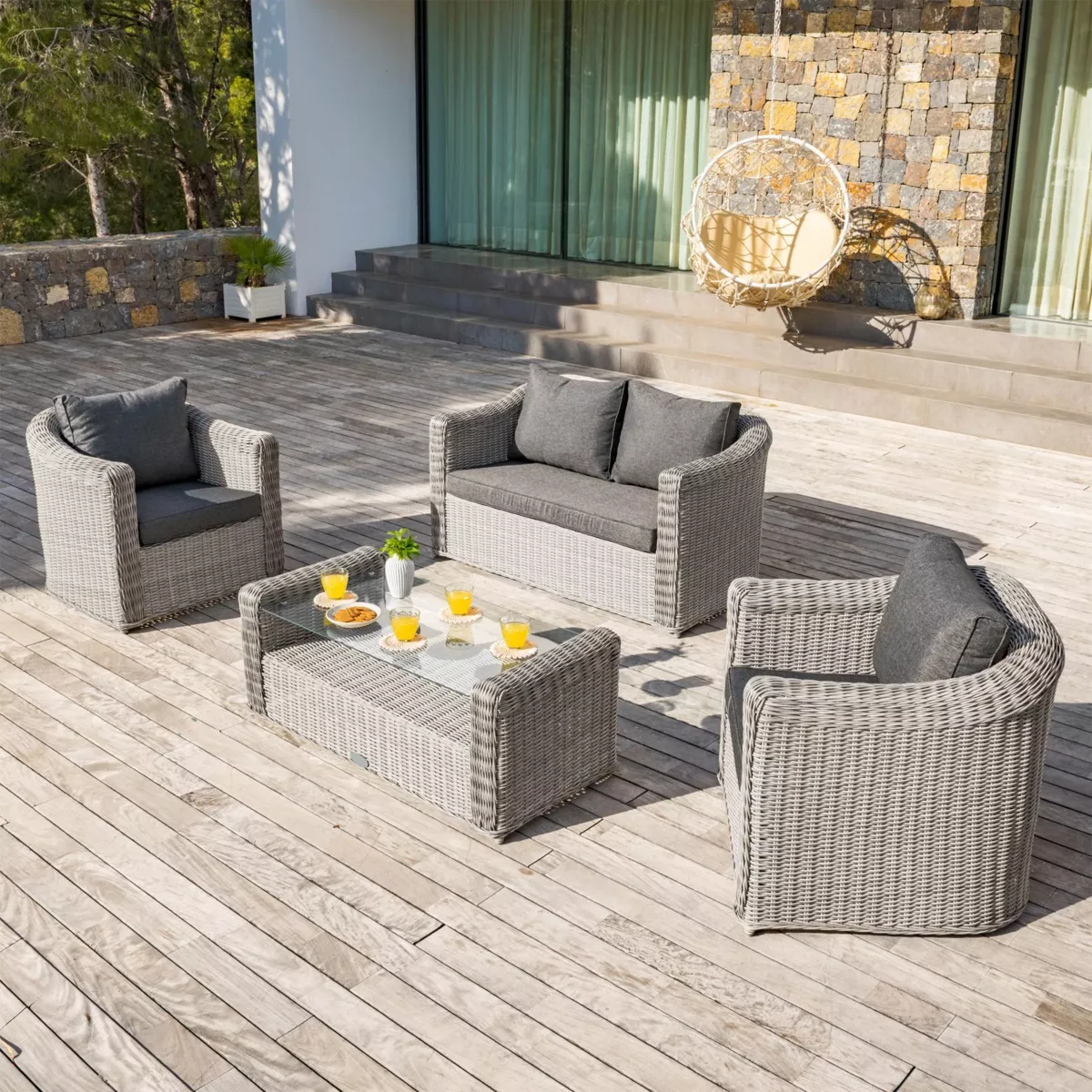 Salon de jardin en résine tressée 4 places 4 pcs Calvi Gris et gris foncé