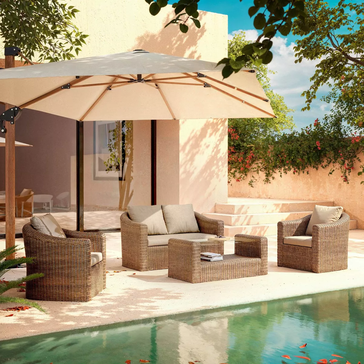 Salon de jardin en résine tressée 4 places 4 pcs Calvi Sepia et taupe