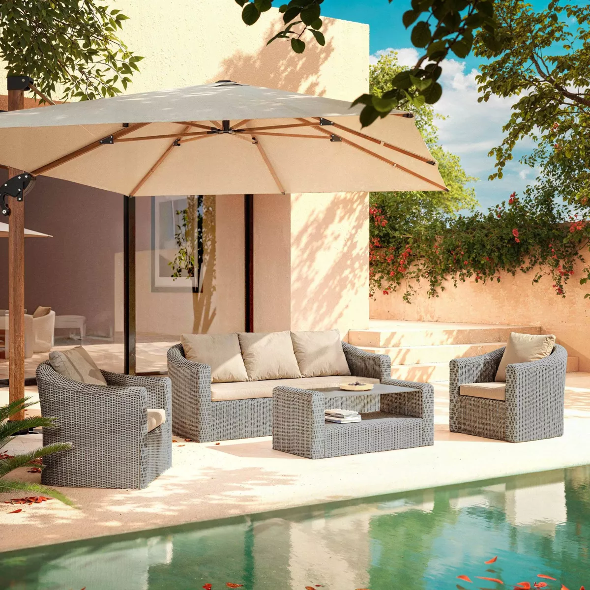 Salotto da giardino in resina intrecciata 5 posti 4 pezzi Calvi Grigio e tortora