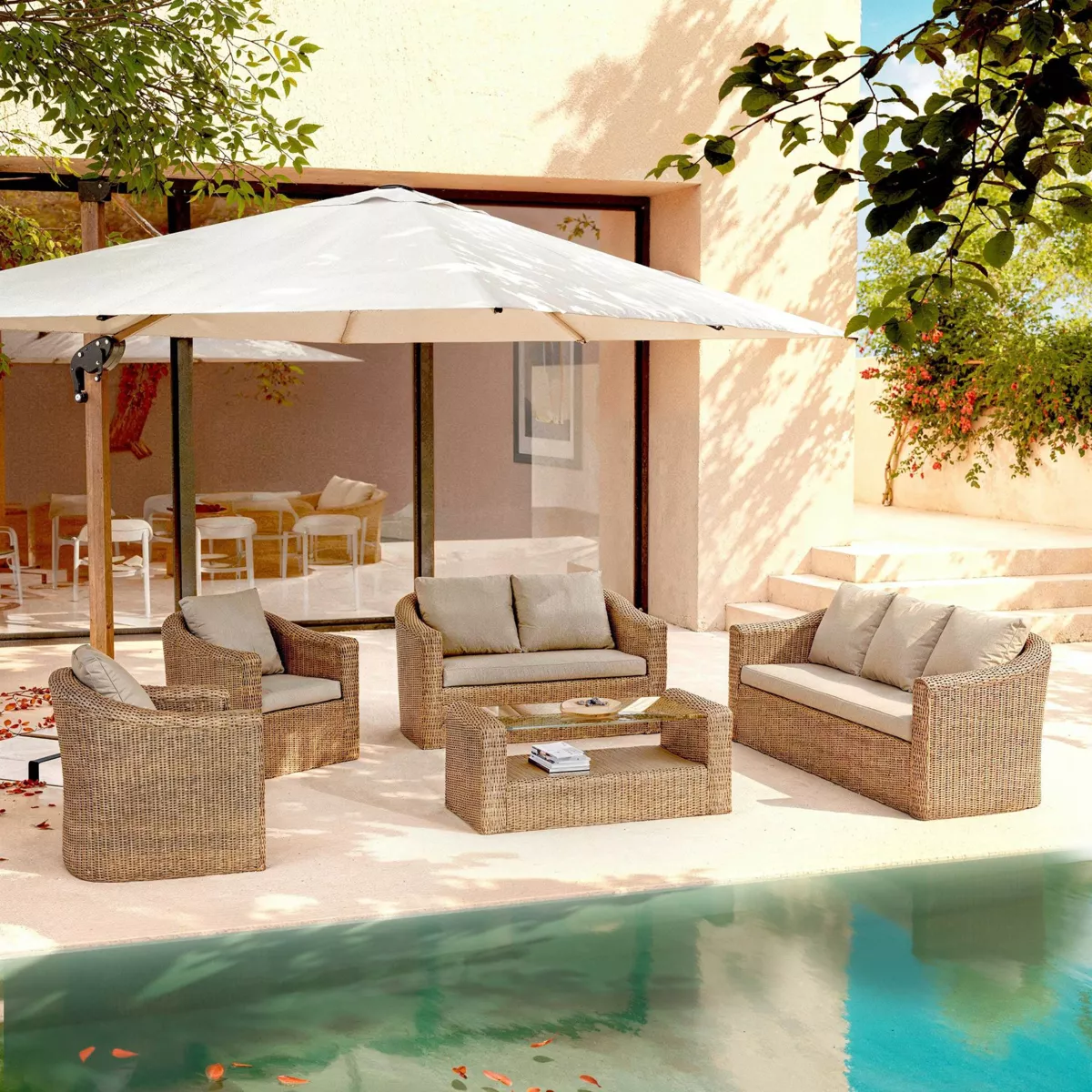 Lounge-Set geflochtenes Polyrattan 7 Plätze 5 tlg Calvi Sepia und Taupe