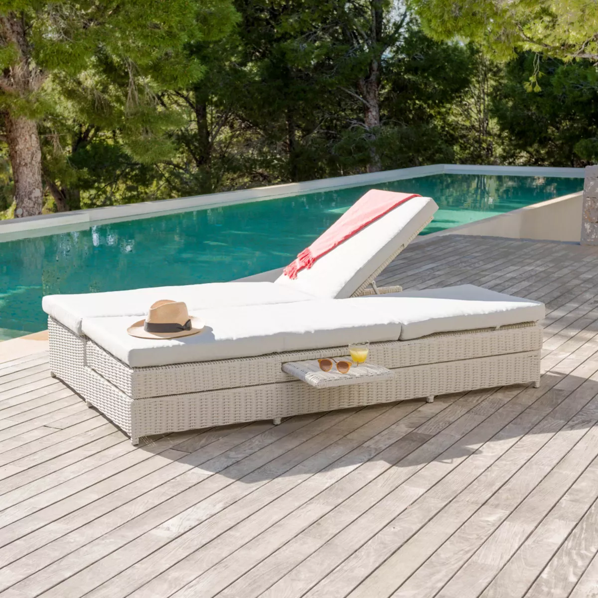 Transat double en résine tressée - Canapé de jardin Calvi Blanc et gris clair