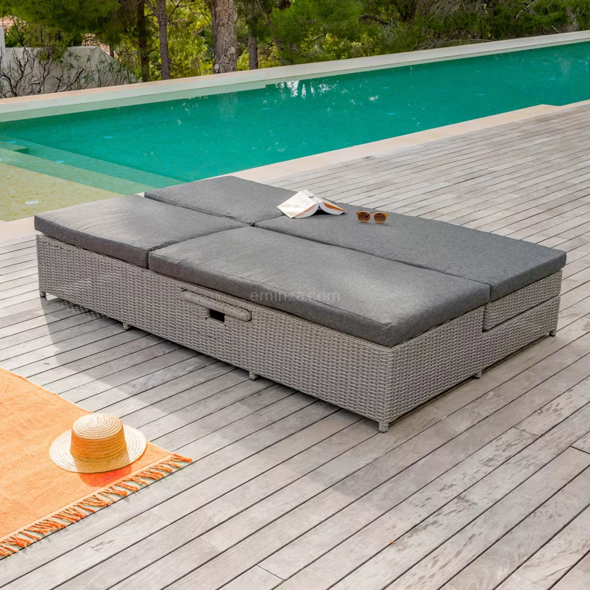 Transat double en résine tressée - Canapé de jardin Calvi Gris et gris foncé