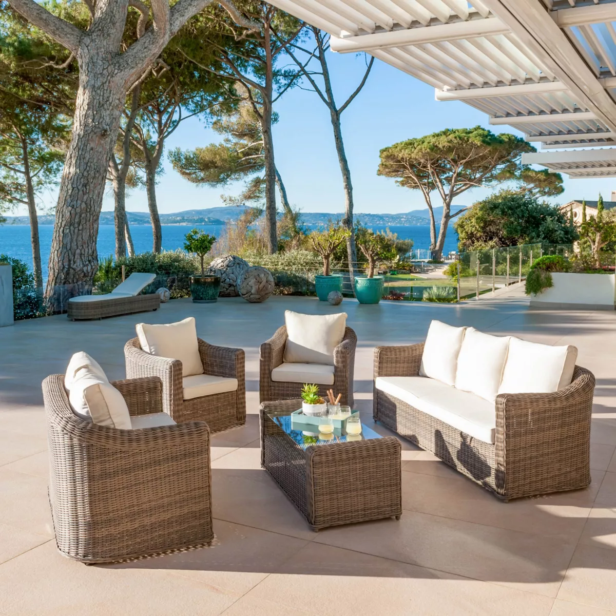 Table basse de jardin rectangulaire résine tressée Calvi Sepia