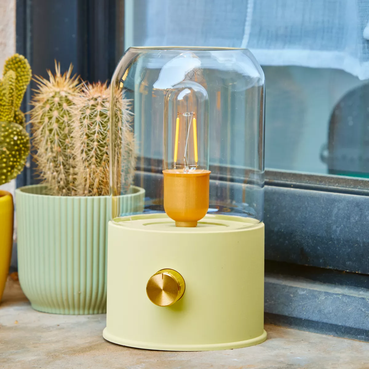 1 LED lampe tempete rechargeable intŽrieur dia11-H20cm-1L vert/blanc chaud