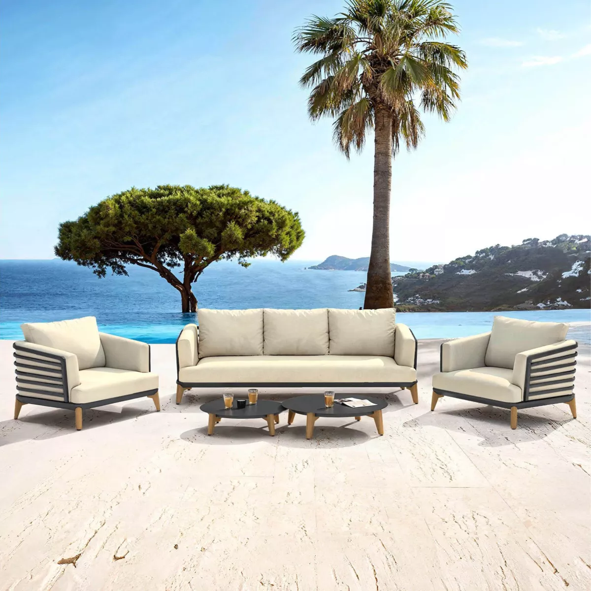 SALON DE JARDIN MONTE-CARLO 5 PLACES STRUCTURE ANTHRACITE ET COUSSINS BEIGE