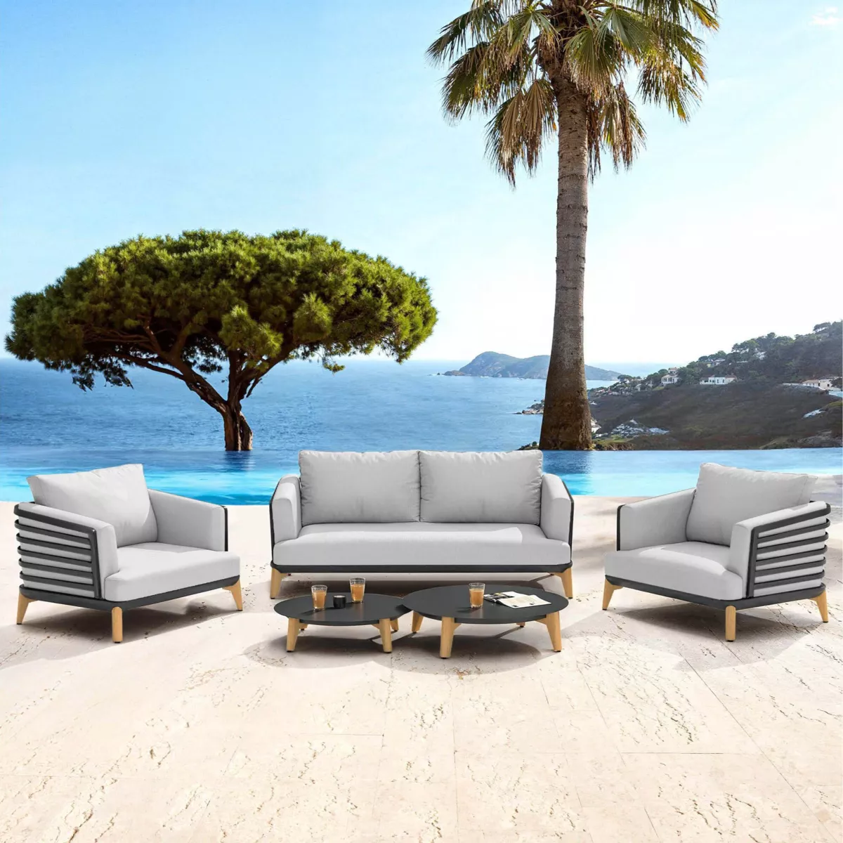SALON DE JARDIN MONTE-CARLO 4 PLACES STRUCTURE ANTHRACITE ET COUSSINS GRIS NUAGE