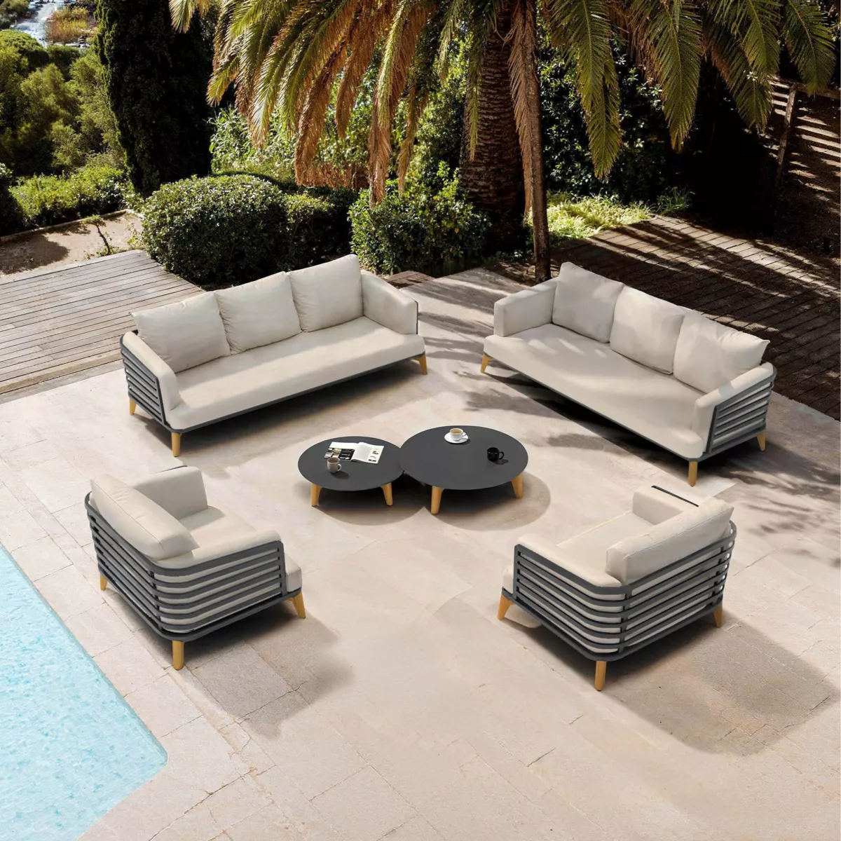 SALON DE JARDIN MONTE-CARLO 8 PLACES STRUCTURE ANTHRACITE ET COUSSINS SABLE