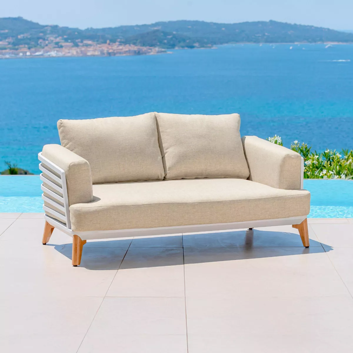 Salon de jardin aluminium 5 places 4 pcs Monte Carlo Blanc et beige