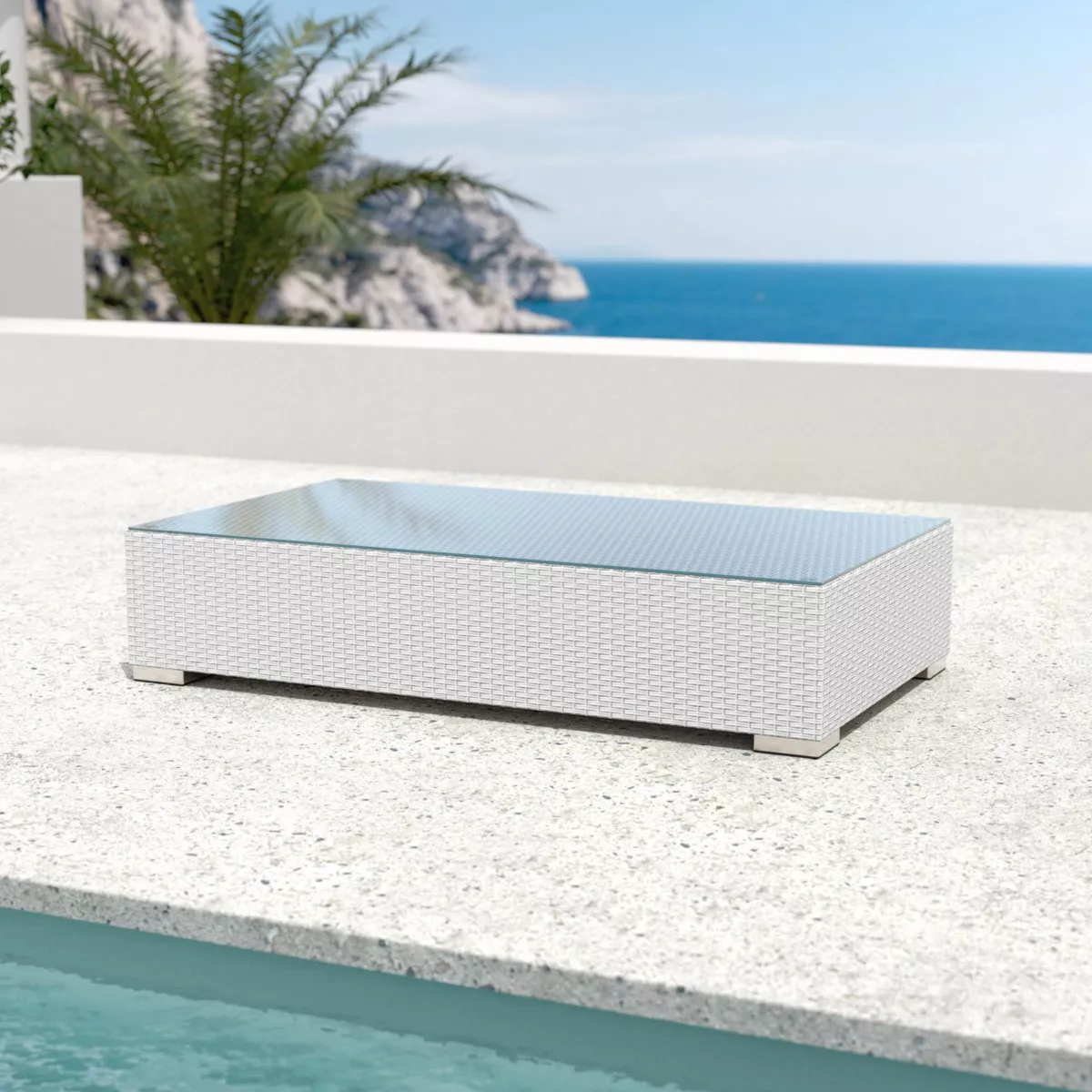 Salotto da giardino in resina intrecciata 4 posti 4 pezzi Palma Bianco e grigio