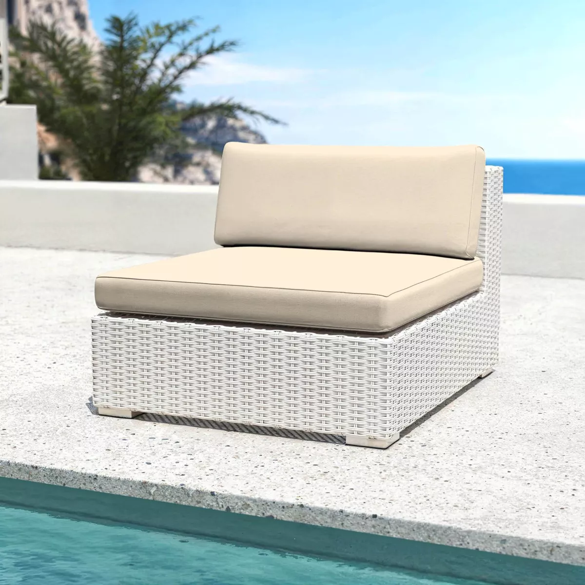 Salotto da giardino in resina intrecciata 4 posti 4 pezzi Palma Bianco e beige