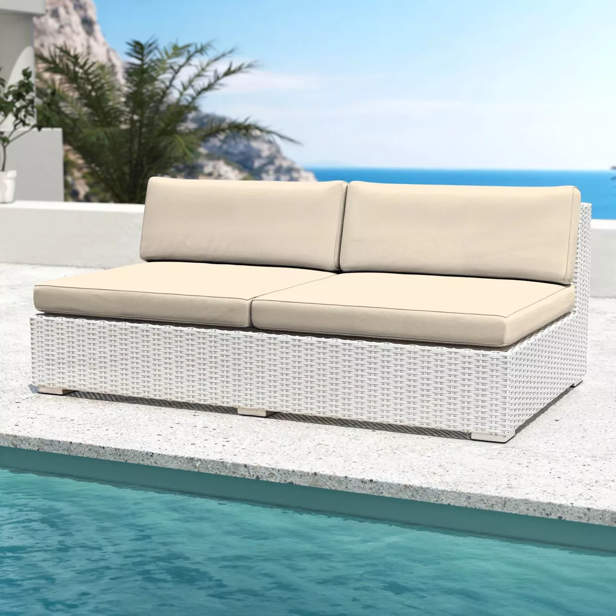 Salotto da giardino in resina intrecciata 4 posti 4 pezzi Palma Bianco e beige