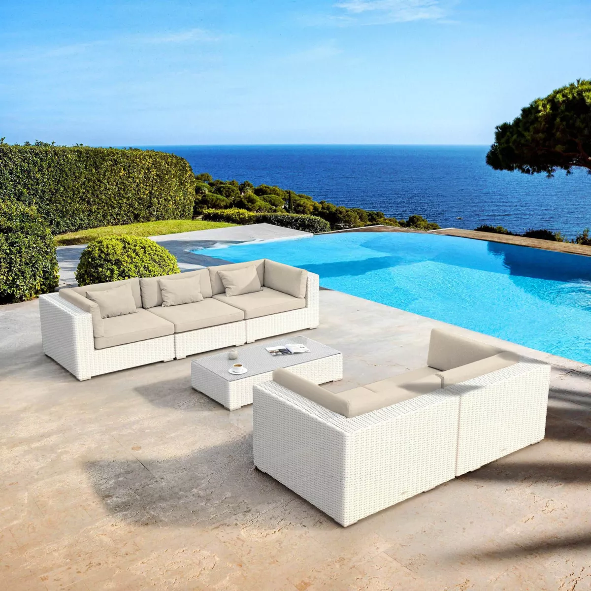 Salotto da giardino in resina intrecciata 5 posti 6 pezzi Palma Bianco e beige