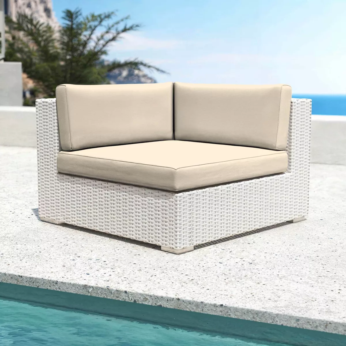 Salotto da giardino in resina intrecciata 5 posti 6 pezzi Palma Bianco e beige