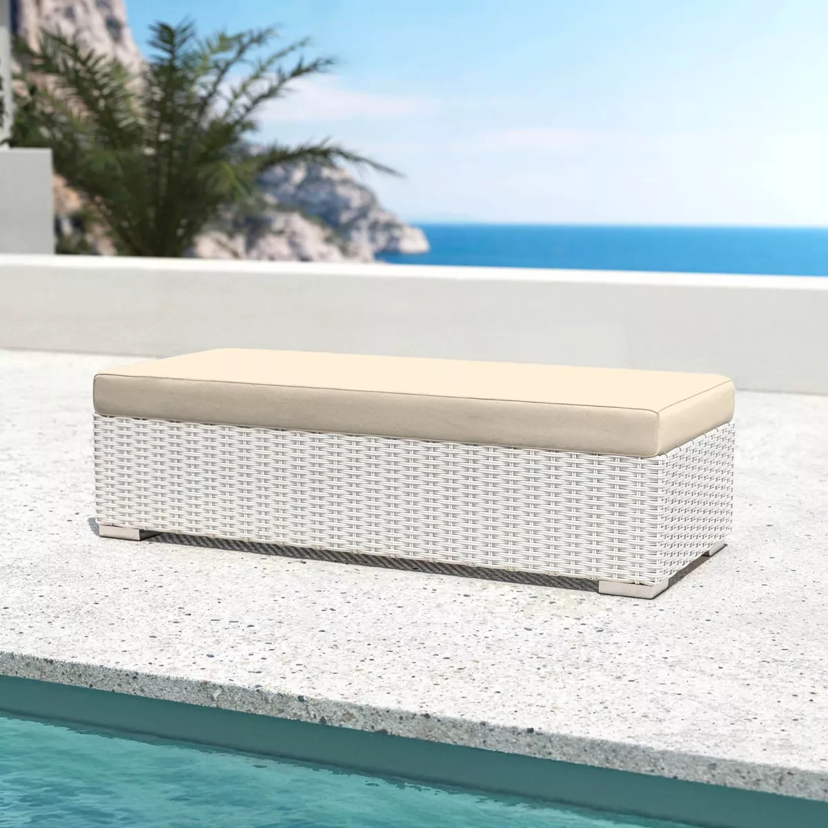 Salotto da giardino in resina intrecciata 5 posti 6 pezzi Palma Bianco e beige