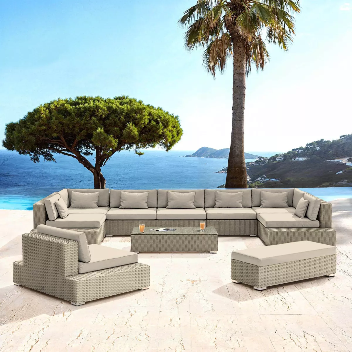 Salotto da giardino in resina intrecciata 9 posti 9 pezzi Palma Grigio e beige