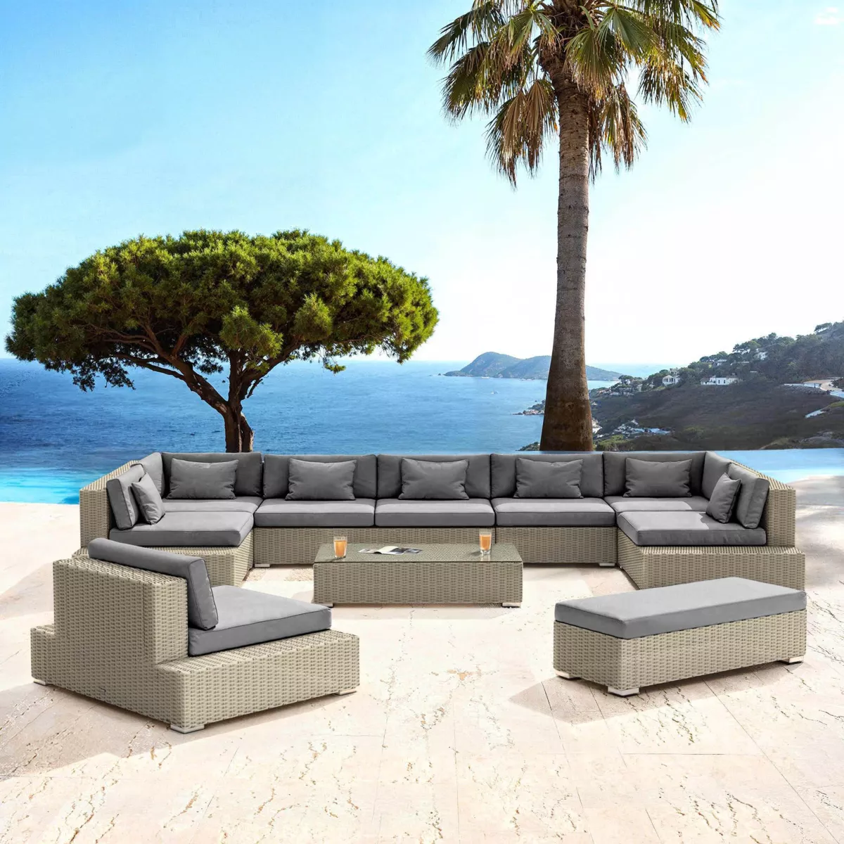 Salotto da giardino in resina intrecciata 9 posti 9 pezzi Palma Grigio e antracite