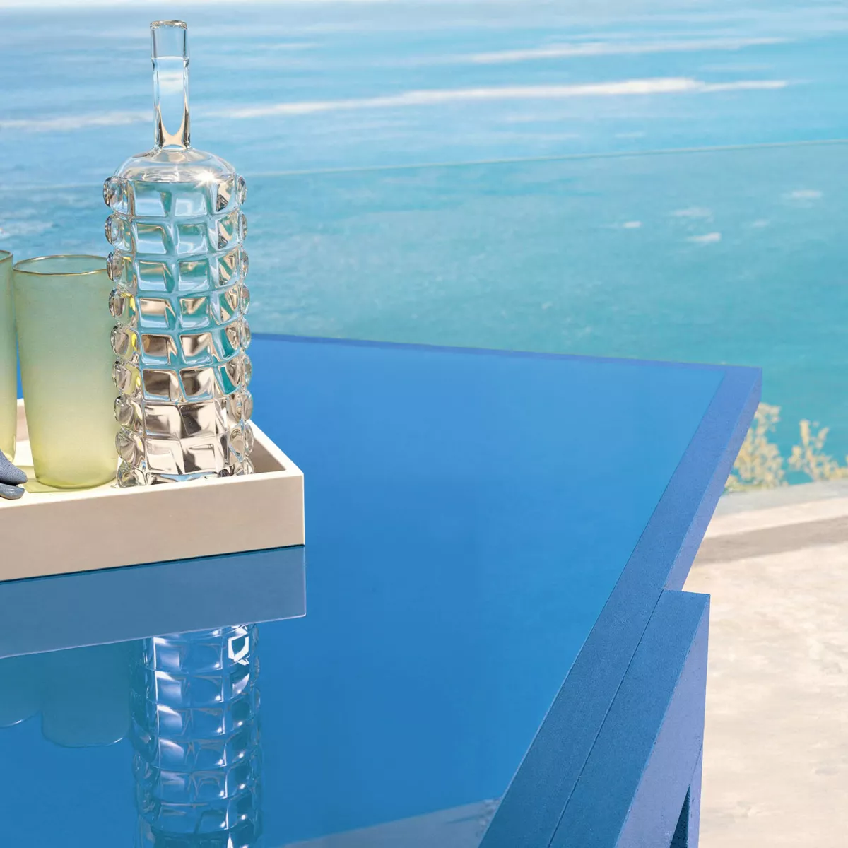 Table de jardin extensible en verre 10 places (135/270 x 90 cm) Murano Bleu pétrole