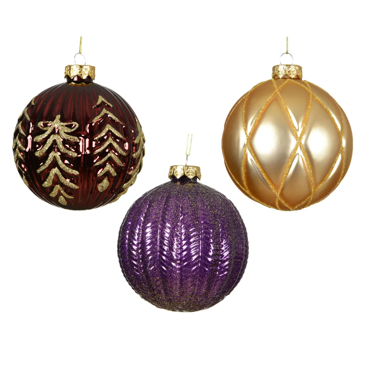 LOT DE 12 (EN VERRE)  Boules verre Rêverie dia10cm  figue bordeaux et or
