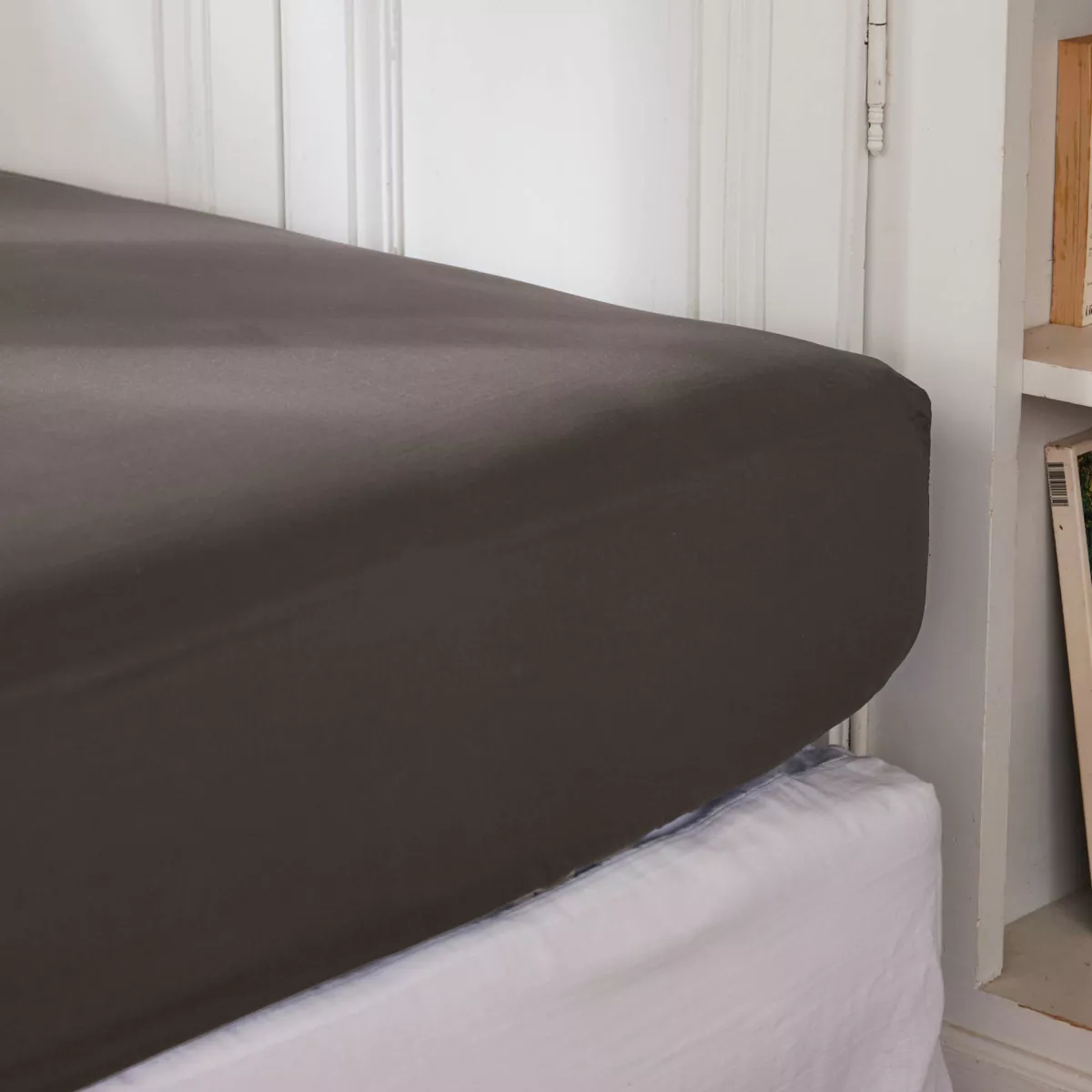 Sábana bajera en percal de algodón  (160 cm) Cali Gris antracita