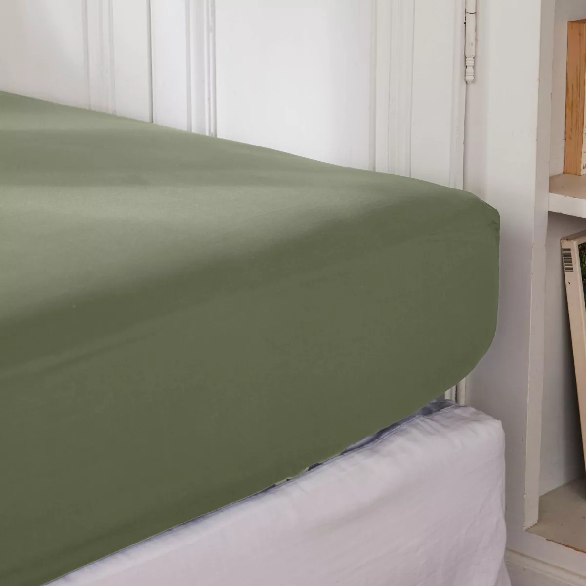 Drap housse percale de coton (180 x 200 cm) Cali Vert romarin