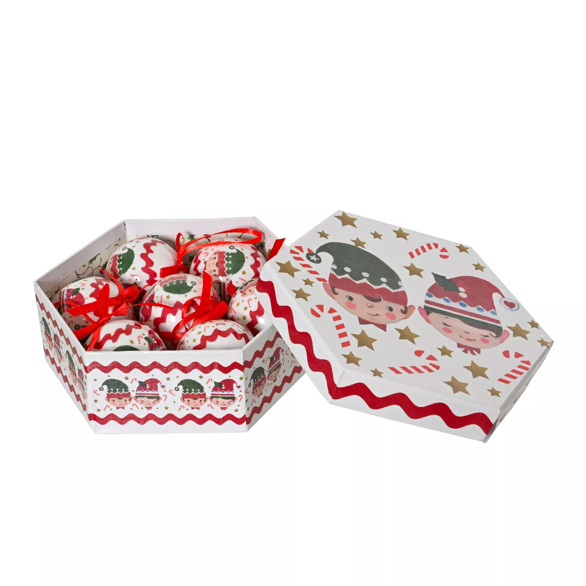 Set von 7 Weihnachtskugeln (D60 mm) Kleine Weihnachtswichtel Weiß und Rot
