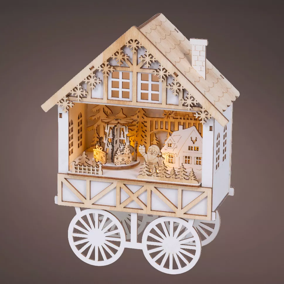 Villaggio di Natale in legno luminoso, musicale e animato a pile (H27 cm) Carro festivo