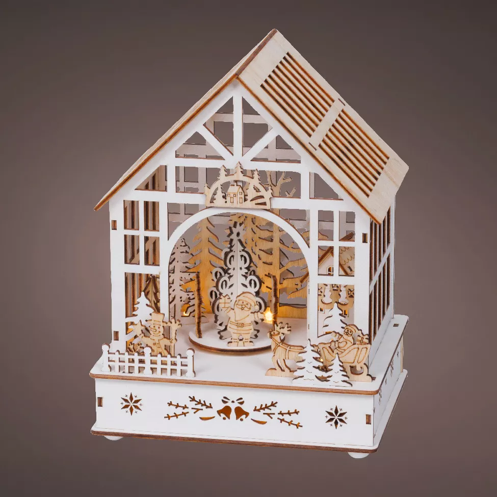 Villaggio di Natale in legno luminoso, musicale e animato a pile (18 x 24 cm) Giardino d'inverno