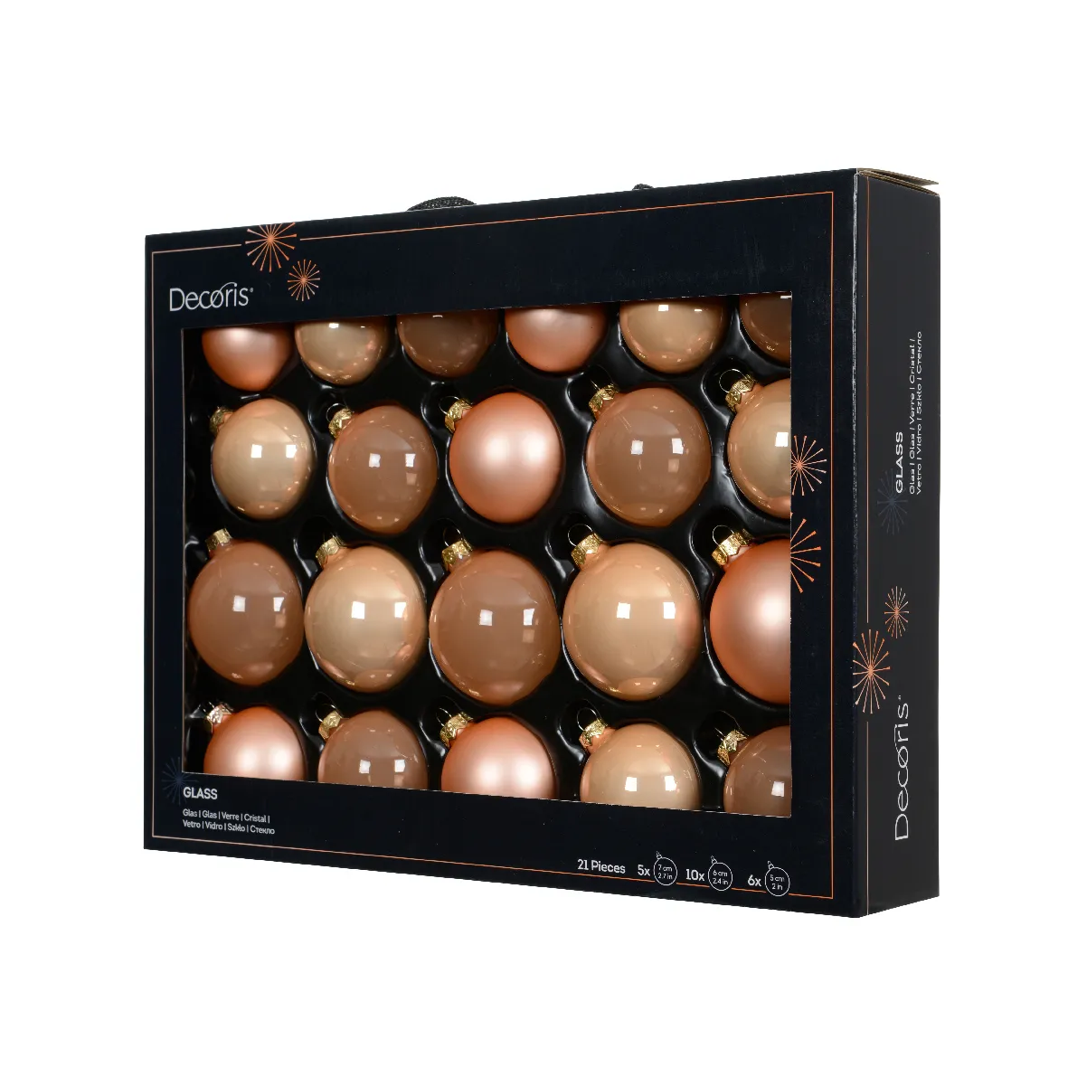 Lot de 21 boules de Noël en verre (D60 à 75 mm) Assorties Cristal peche Rose