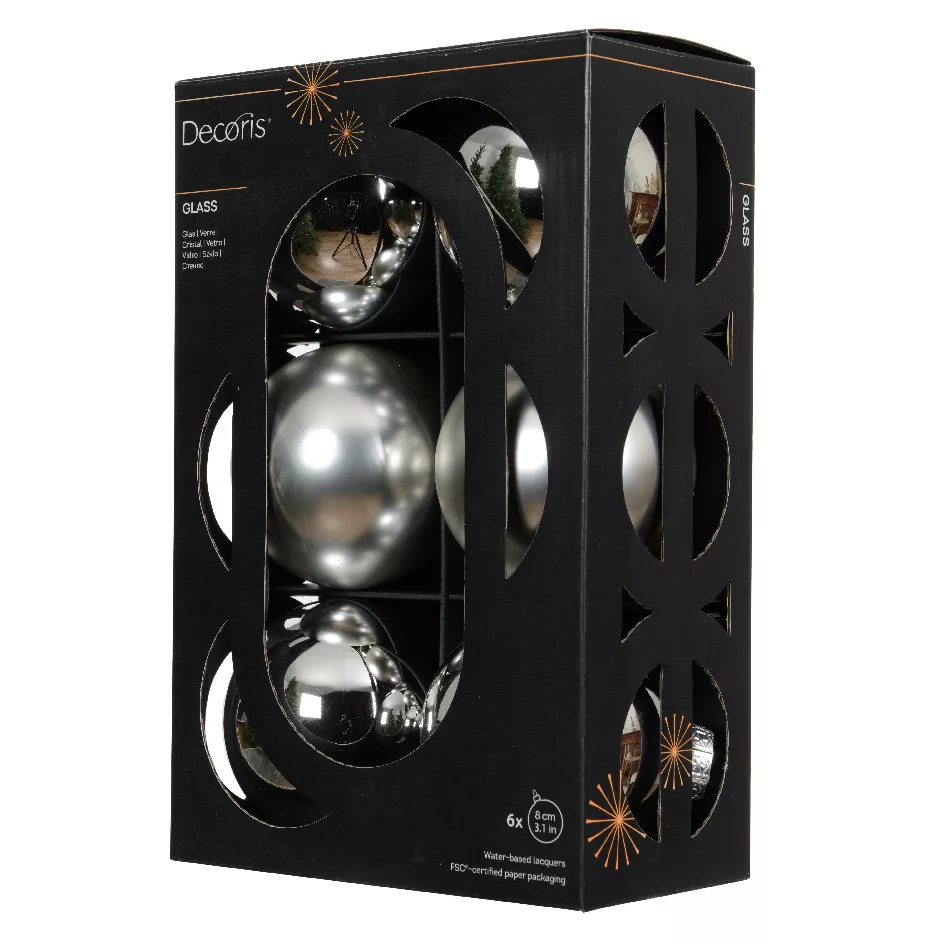 Boite a 6 Boules verre dia8cm argent Boréal (EMBALLAGE 100% RECYCLE certifié fsc)