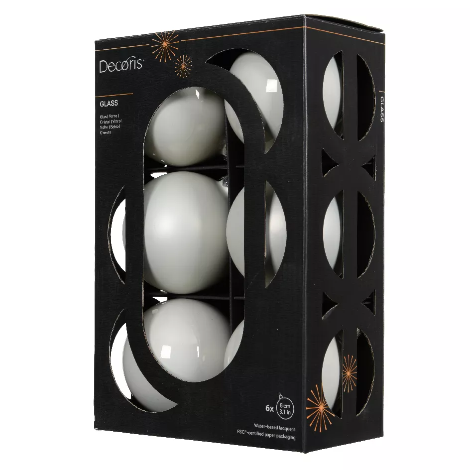 Boite a 6 Boules verre dia8cm blanc d hiver Boréal (EMBALLAGE 100% RECYCLE certifié fsc)
