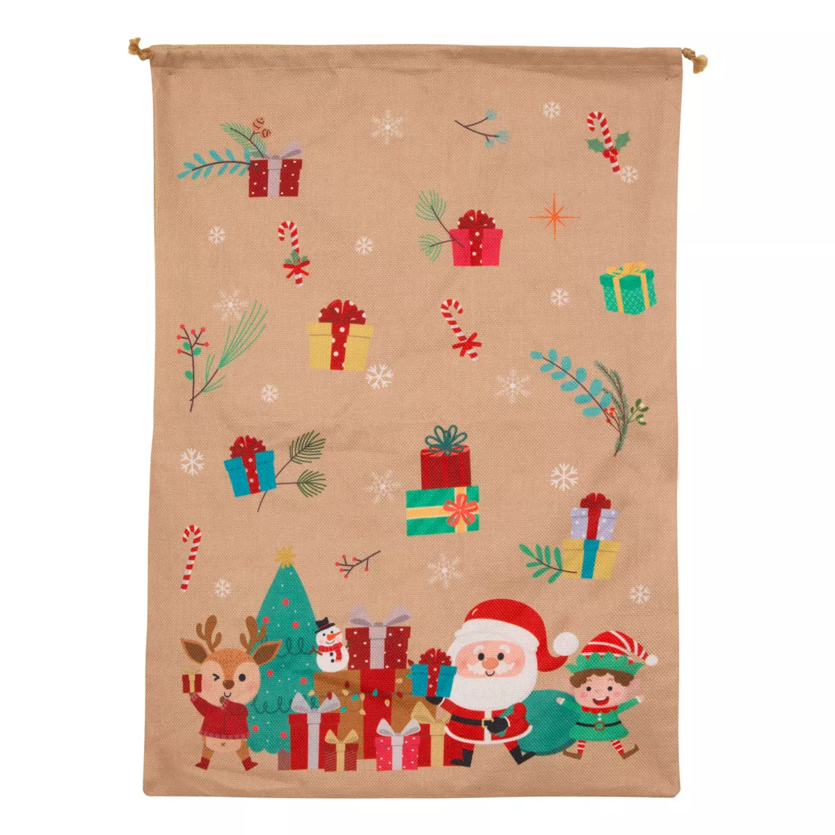Sacchetto regalo in juta (H70 cm) Folletto e Babbo Natale Beige