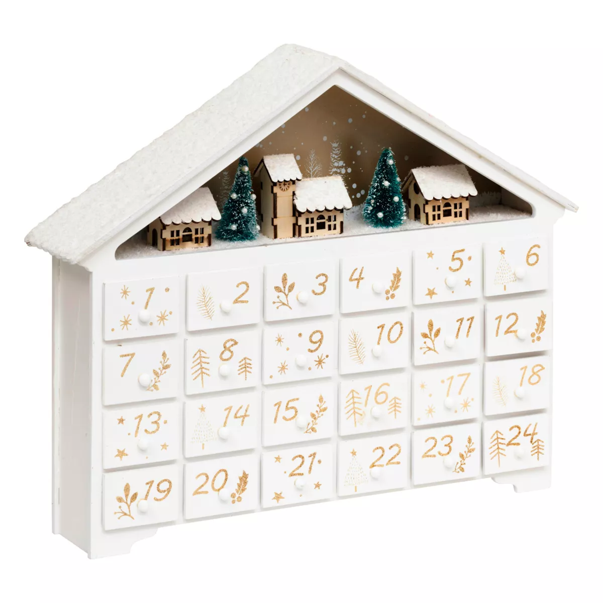 Adventskalender zum Befüllen aus Holz (H33 cm) Waldhaus Weiß