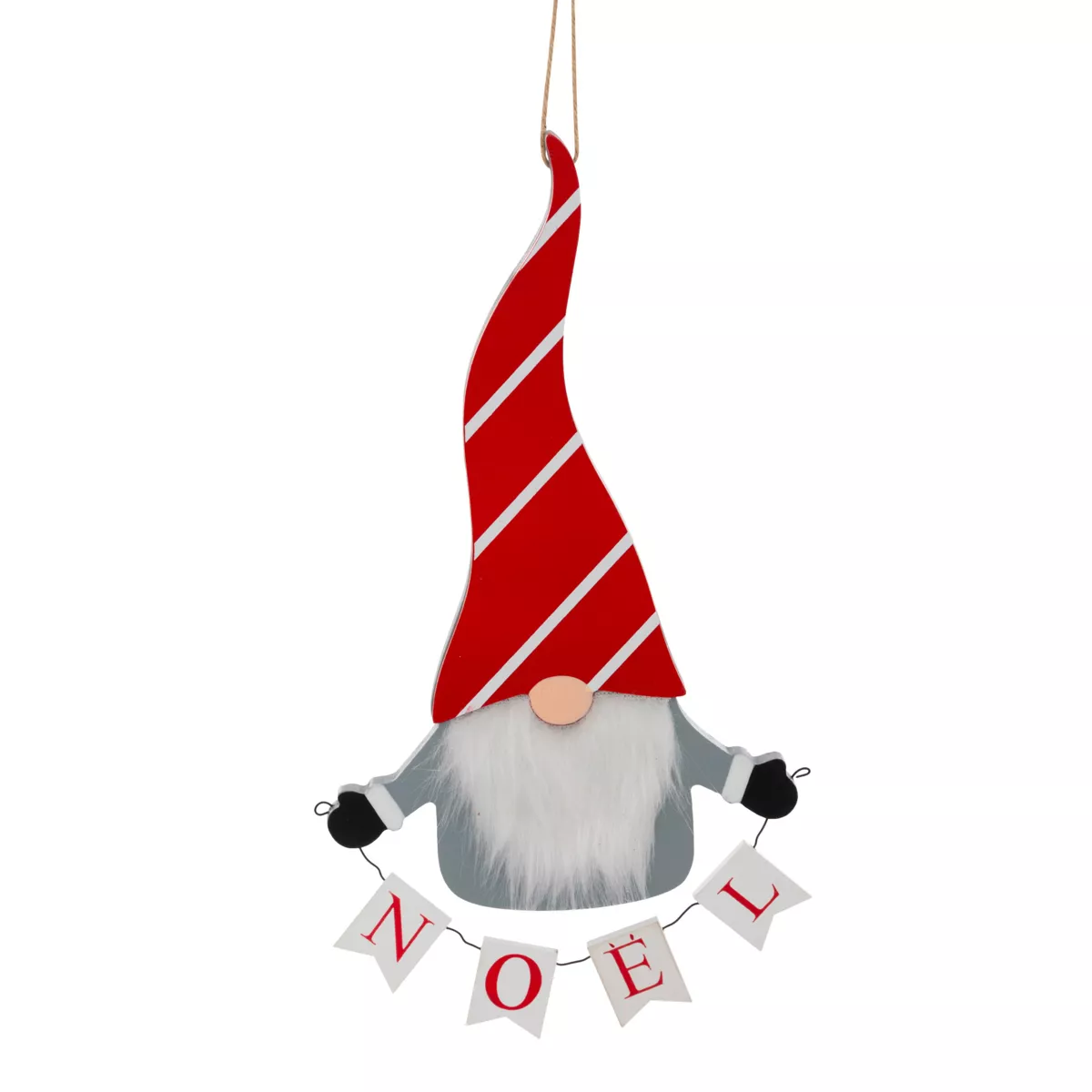 Sospensione di Natale in legno (H32 cm) Folletto Buon Natale in grigio