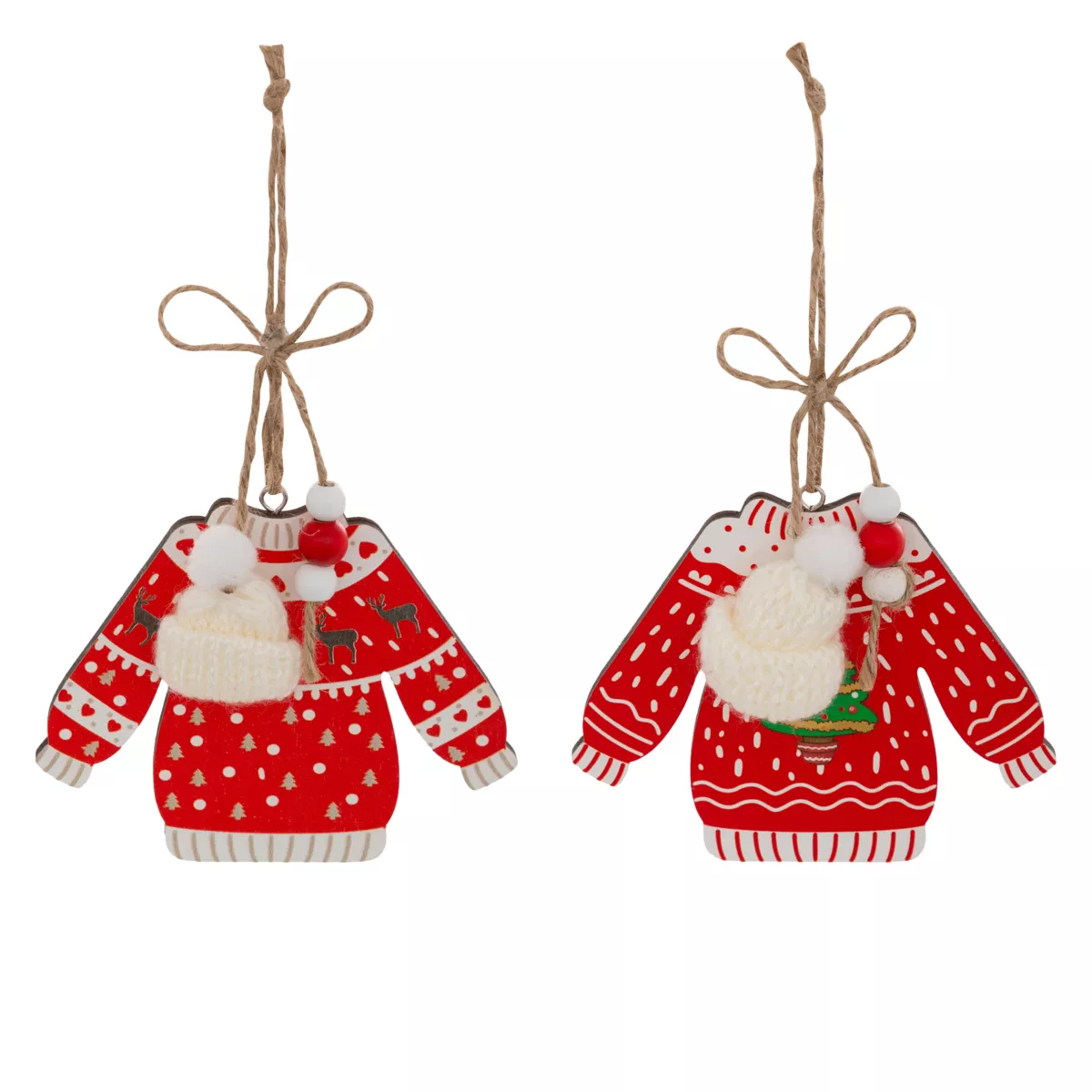 Set di 2 pendenti in legno (H12 cm) Maglione di Natale Rosso e bianco