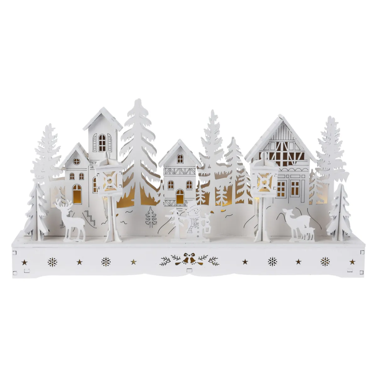 Villaggio di Natale in legno luminoso a pile (29 x H14 cm) Square incantato Bianco