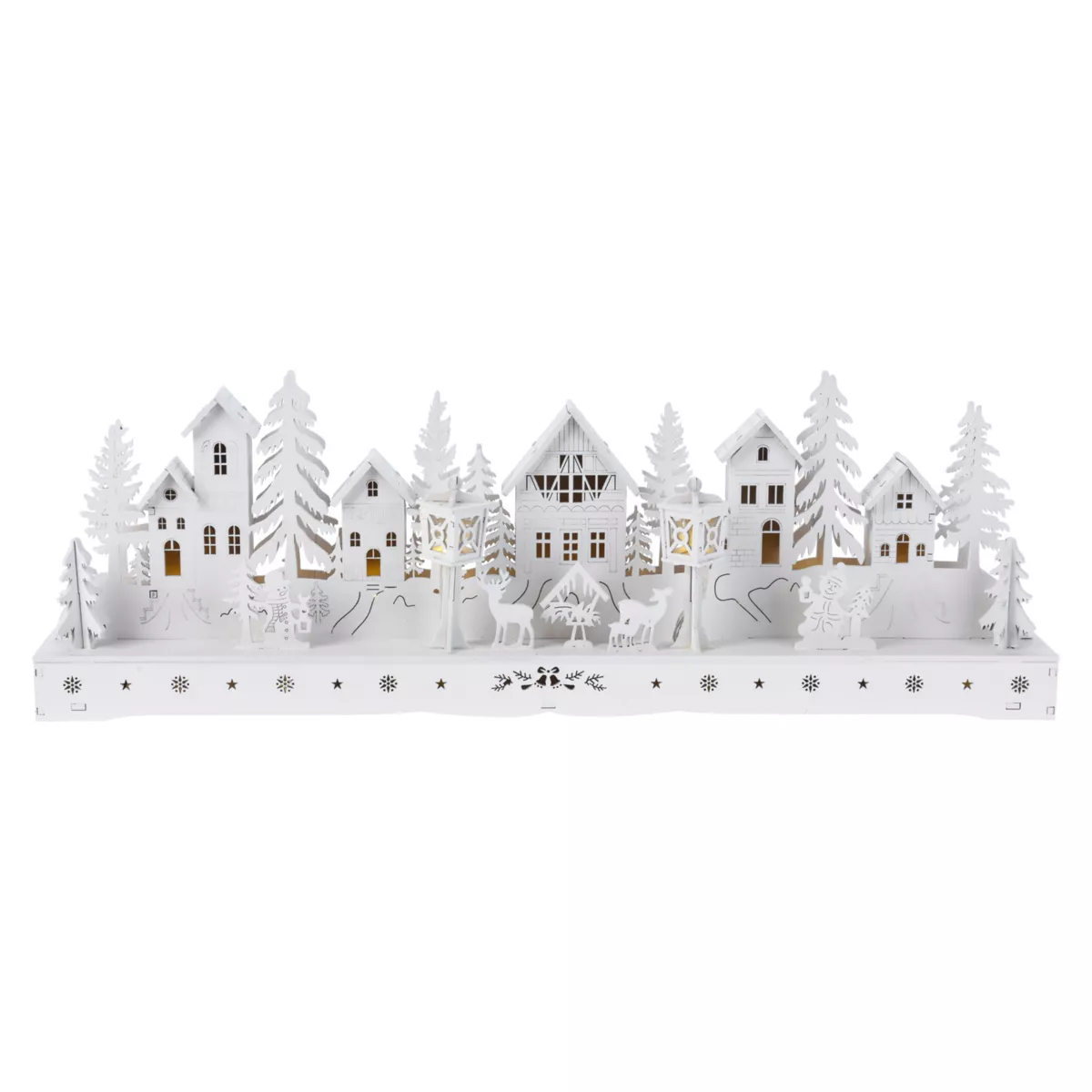 Villaggio di Natale in legno luminoso a pile (45 x H15 cm) Piazza incantata Bianca