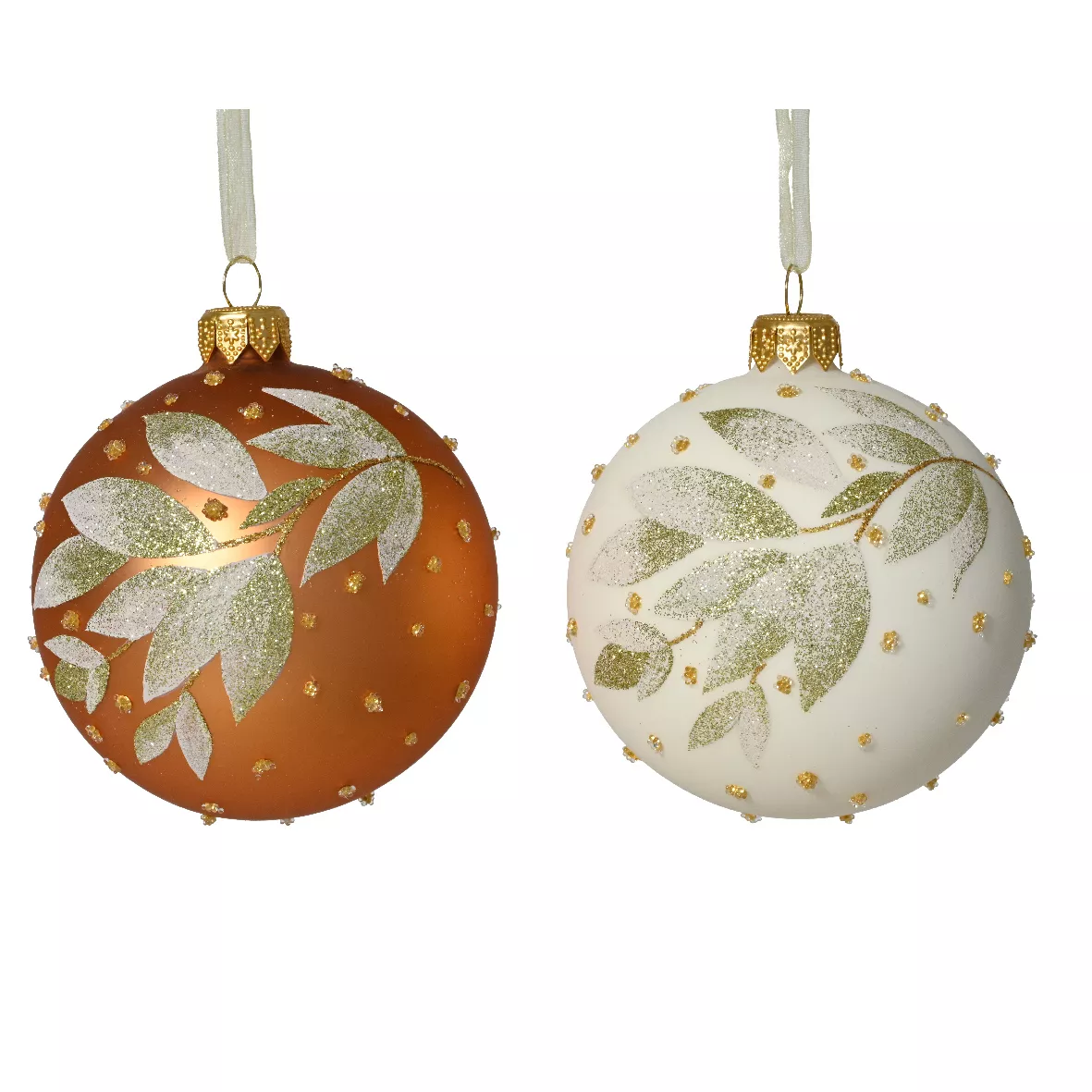 Set di 6 palline di Natale in vetro (D80 mm) Natura invernale Cognac e bianco lana