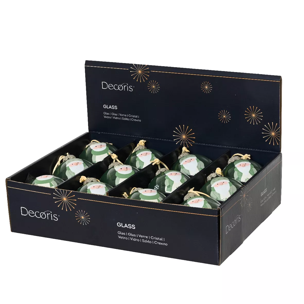 Set di 12 palline di Natale in vetro (D80 mm) Folletti allegri Verde rosmarino
