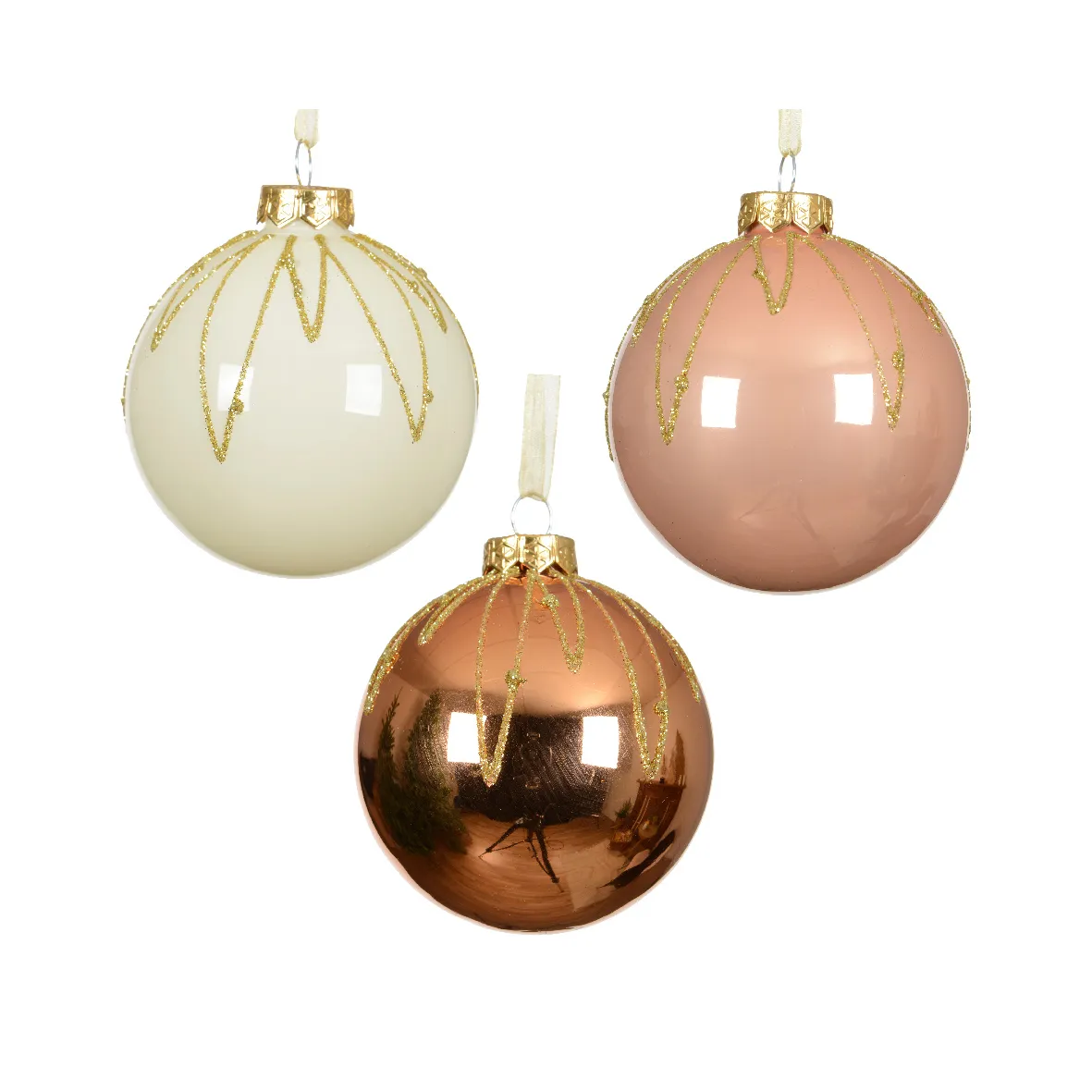 LOT DE 12 (EN VERRE)  Boules verre Noël chic dia8cm Cognac, blanc laine et pêche