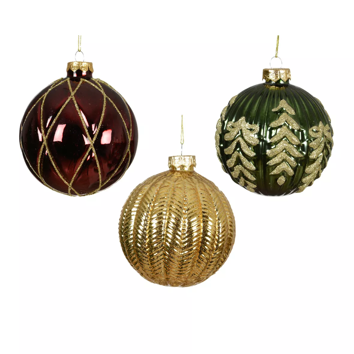 LOT DE 12 (EN VERRE)  Boules verre Rêverie dia10cm Bordeaux, vert sapin et or